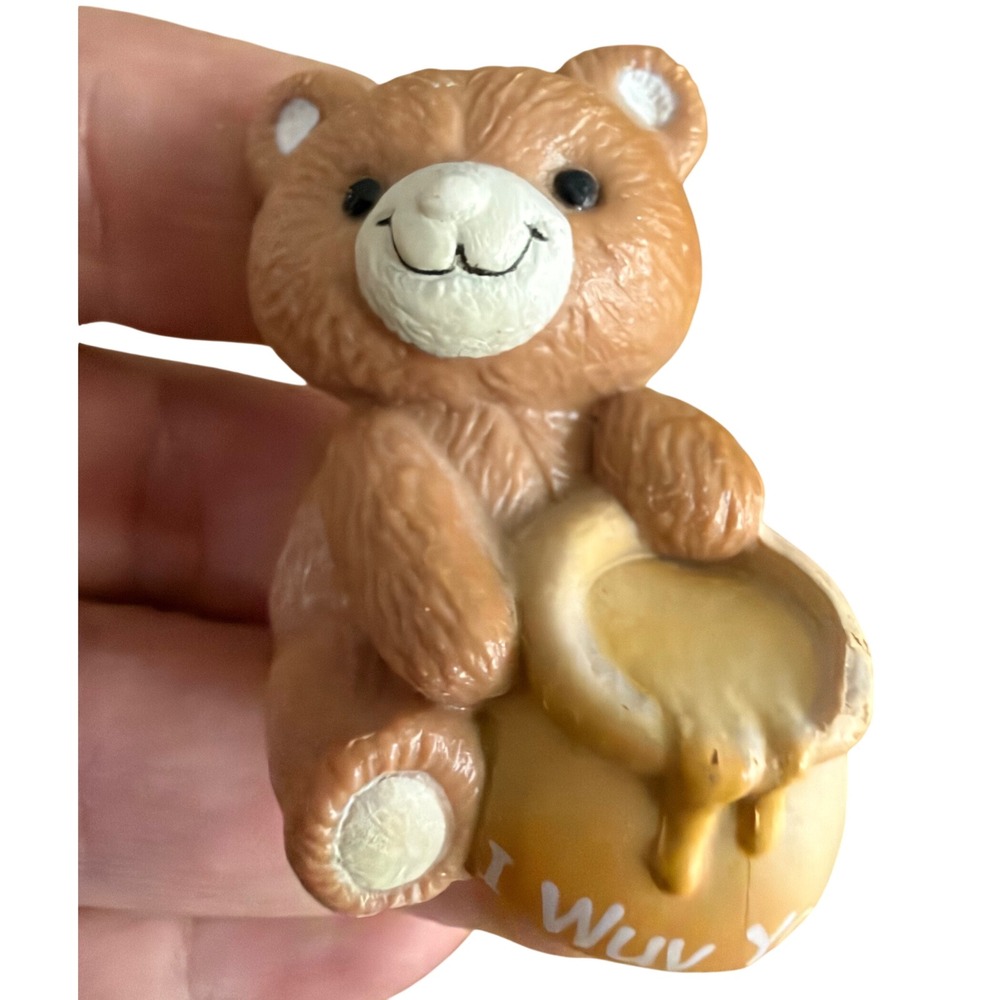 Vintage 1983 Hallmark Teddy Bear Figurine I Wuv You Honey Pot Miniature Brown